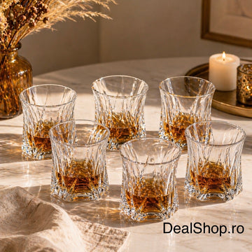 Set 6 pahare sticlă 300 ml, Zoe357, model geometric cu bază groasă, pahare whisky  apă elegante
