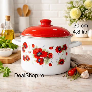 Oală Emailată cu Capac 20 cm, 4.8L, Model Maci Roșii – Oală Mare pentru Gătit, Design Floral, Emailată Interior-Exterior
