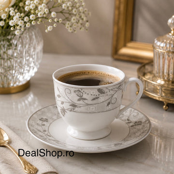 Set 6 cești cu 6 farfurioare din porțelan 200 ml, model floral gri Silver Grace