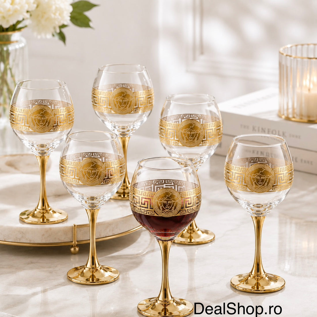 Set 6 pahare din sticlă 285 ml Royalty Home cu decor auriu și picior auriu – pahare elegante pentru vin roșu și alb