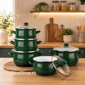 Set 5 cratițe emailate Green Marble cu capace din sticlă, 10 piese, compatibile cu inducție, 2.1L, 2.8L, 3.8L, 4.8L și 6.2L