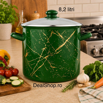Oală emailată Green cu inserții aurii și capac din sticlă, 8,2 L, 24 cm