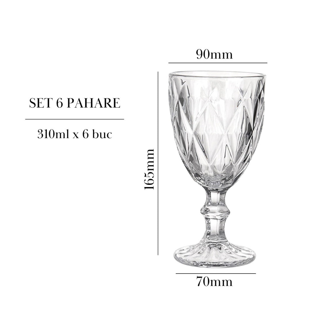 Set 6 pahare din sticlă cu picior Diamond, 310 ml – design elegant