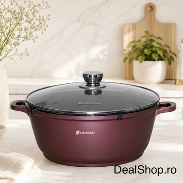 Cratiță ceramică Schmitter 25 litri, 44 cm, cu capac din sticlă, aluminiu turnat, compatibilă cu toate sursele de căldură – Burgundy Chef