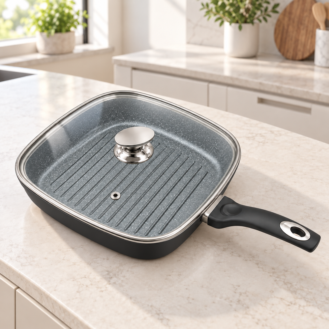 Tigaie grill Swan 28 cm, cu capac din sticlă