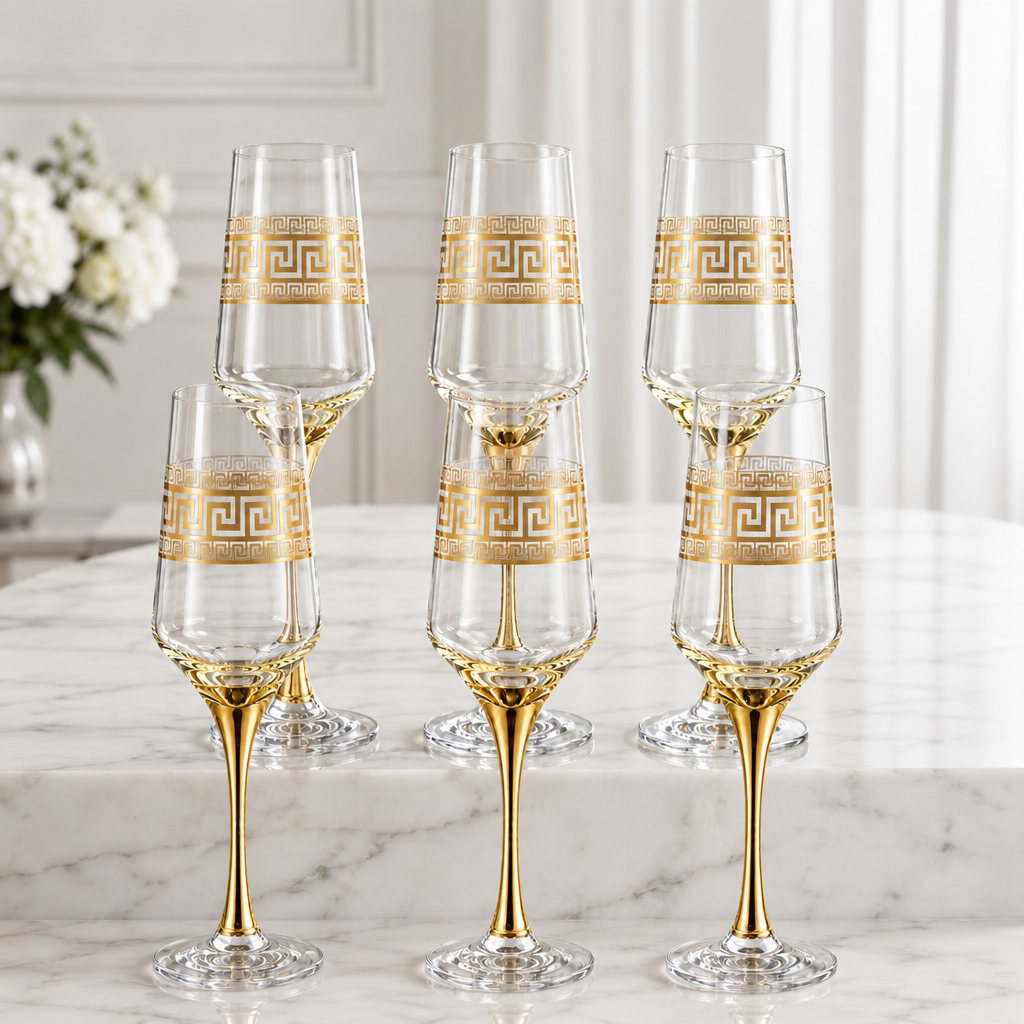 Set 6 pahare sampanie și Prosecco 240 ml Royalty Home cu decor auriu – set elegant din sticls