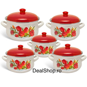 Set 5 oale emailate cu capac Arian, cantitate 2 l, 2,8 l, 3,8 l, 4,8 l, 6,2 l, model lalele