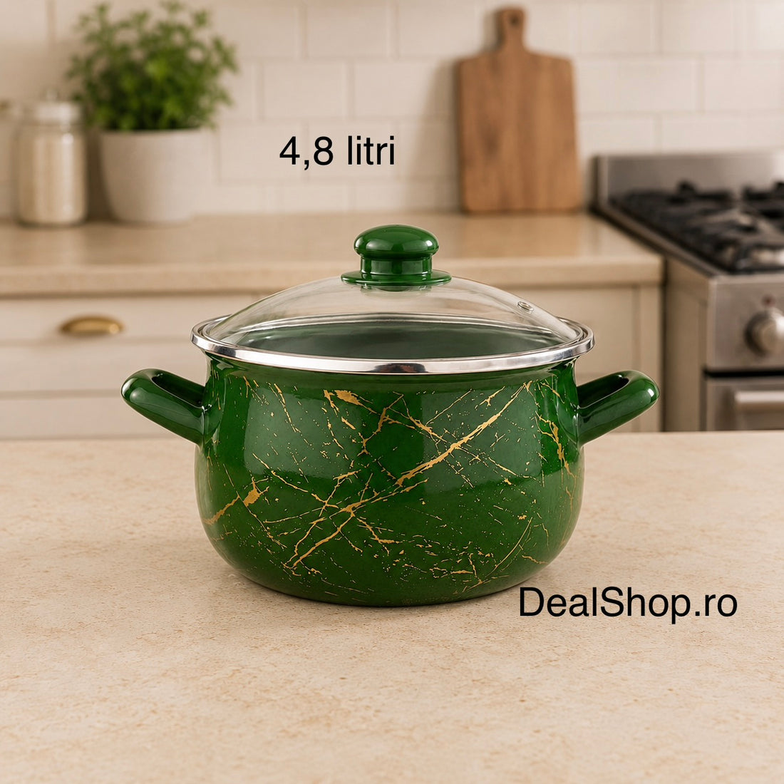 Cratiță emailată Green, 4,8 L, 22 cm, cu capac din sticlă, inducție