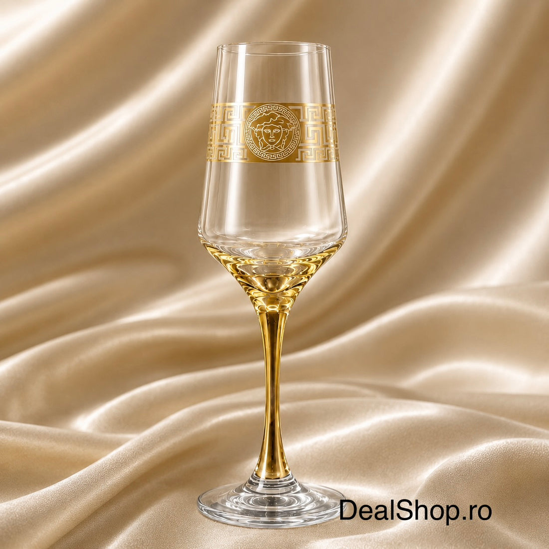 Set cu sticlă și 6 pahare pentru șampanie și Prosecco 240 ml Royalty Home cu decor auriu – set elegant din sticlă