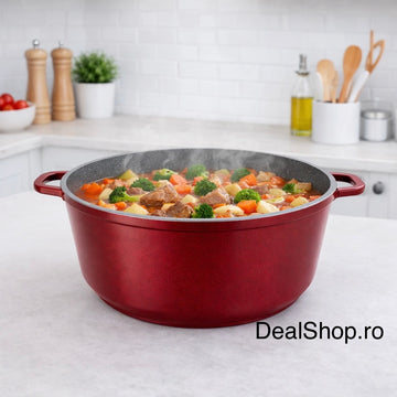 Cratiță aluminiu turnat 44 cm cu capac sticlă, 23.5L, înveliș marmură Inducție Roșie – SWAN