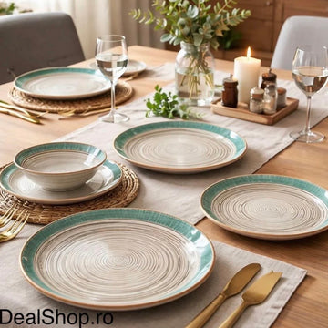 Serviciu 12 persoane de masă din porțelan Terra Verde 48 piese farfurii întinse, adânci, desert și boluri, design modern 287