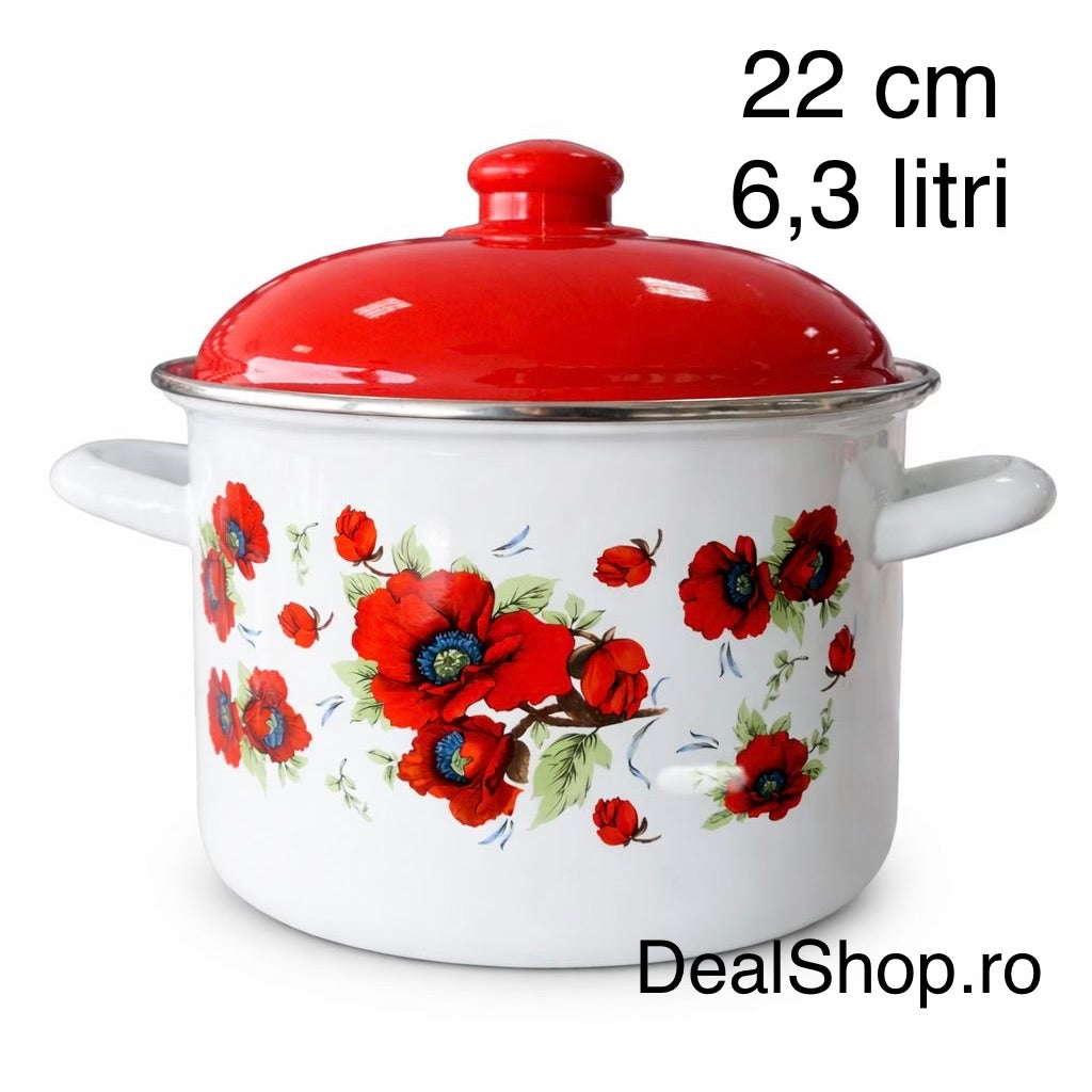 Oală Emailată cu Capac 22 cm, 6.3L, Model Maci Roșii – Oală Mare pentru Supe și Ciorbe, Emailată Interior-Exterior