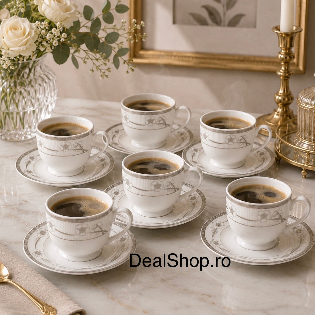Set 6 cești cu 6 farfurioare din porțelan 200 ml, model floral gri Silver Sakura
