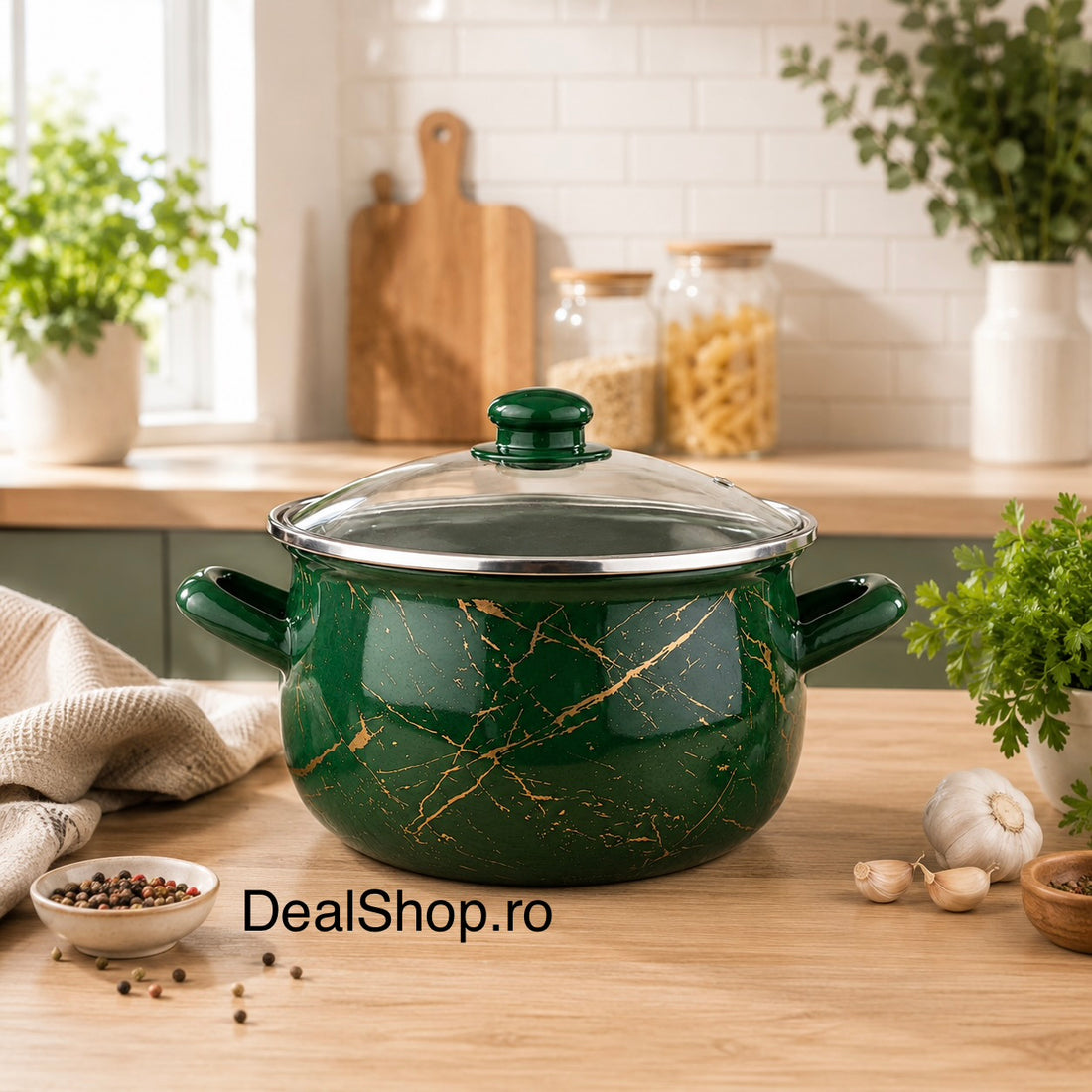 Set 5 cratițe emailate Green Marble cu capace din sticlă 10 piese, compatibile cu inducție 2.1L, 2.8L, 3.8L, 4.8L și 6.2L