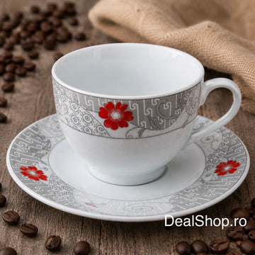 Set 6 cești cu 6 farfurioare din porțelan 200 ml, model floral gri roșu Scarlet Elegance
