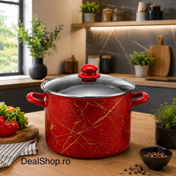 Oală emailată 4,8 L cu capac din sticlă, model Red Marble, 20 cm, roșie, pentru toate tipurile de plite