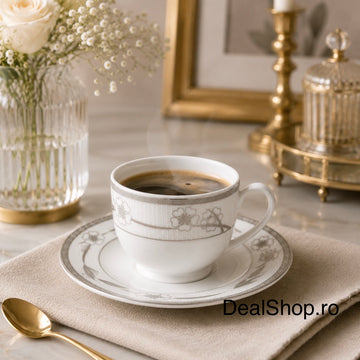 Set 6 cești cu 6 farfurioare din porțelan 200 ml, model floral gri Silver Sakura