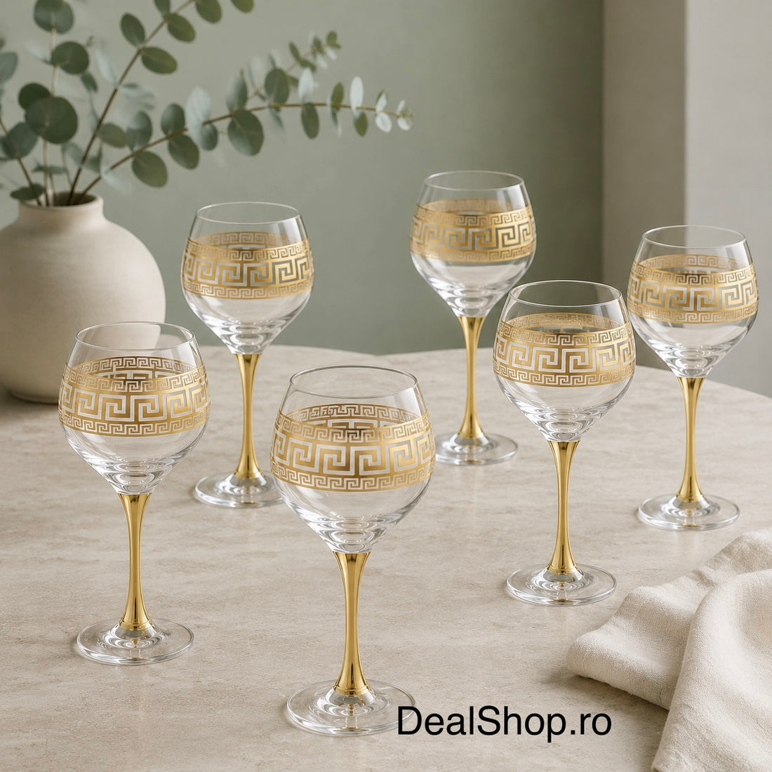 Set 6 pahare din sticlă 285 ml Royalty Home cu decor auriu și picior auriu – pahare elegante pentru vin roșu și alb