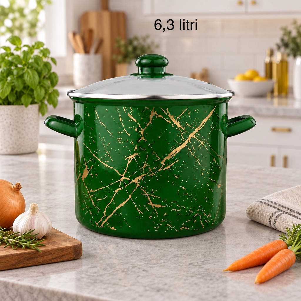 Oală 6.3 litri emailata Green cu inserții aurii și capac din sticlă, 22 cm