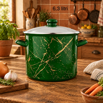 Oală 6.3 litri emailata Green cu inserții aurii și capac din sticlă, 22 cm