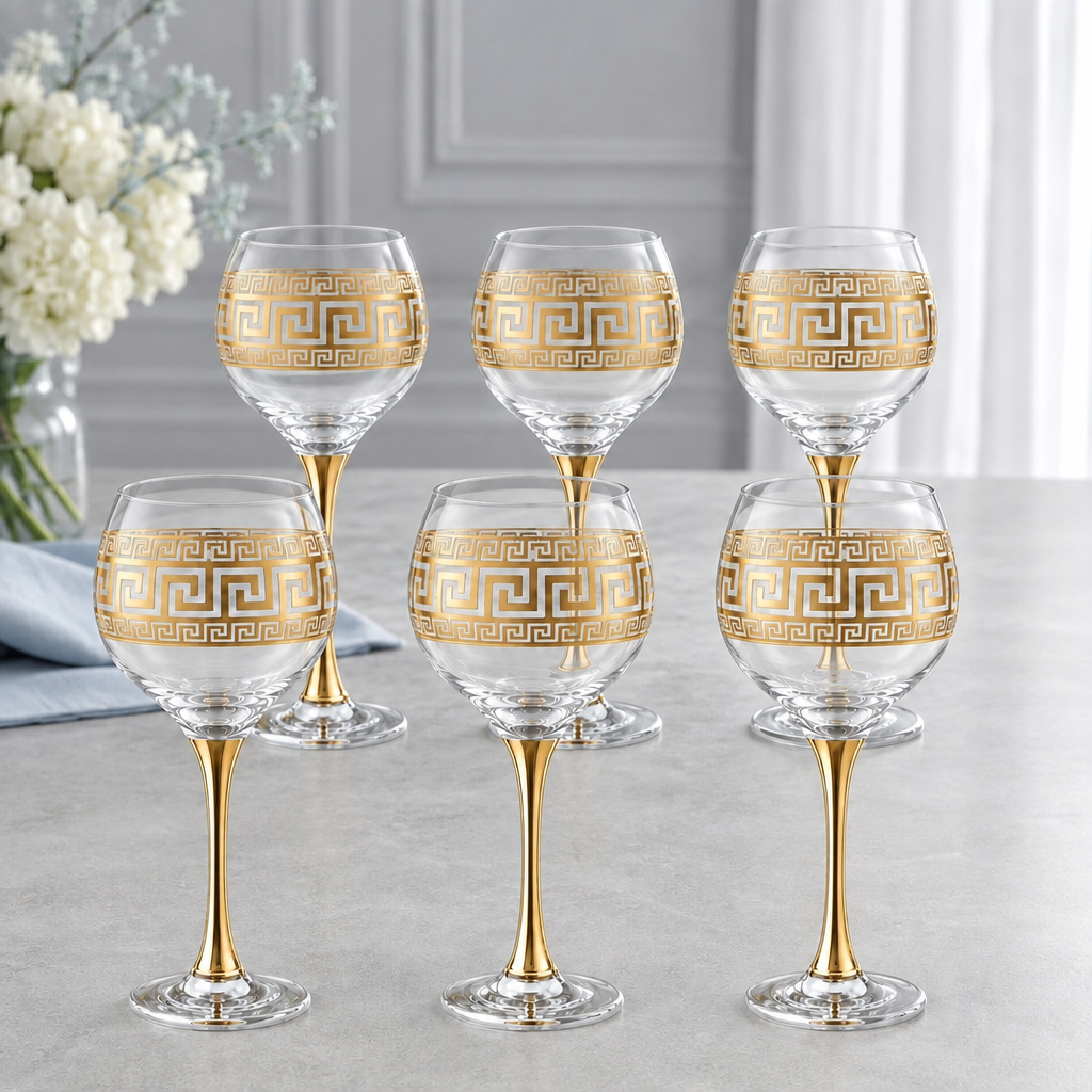 Set 6 pahare din sticla 285 ml Royalty Home cu decor auriu cu picior auriu – pahare elegante pentru vin roșu și alb