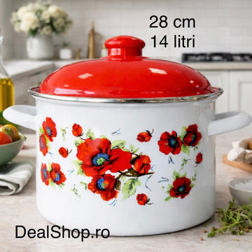 Oală Emailată Foarte Mare cu Capac 28 cm, 14L, Model Maci Roșii – Oală Emailată pentru Sarmale, Ciorbe și Gătit în Cantități Mari