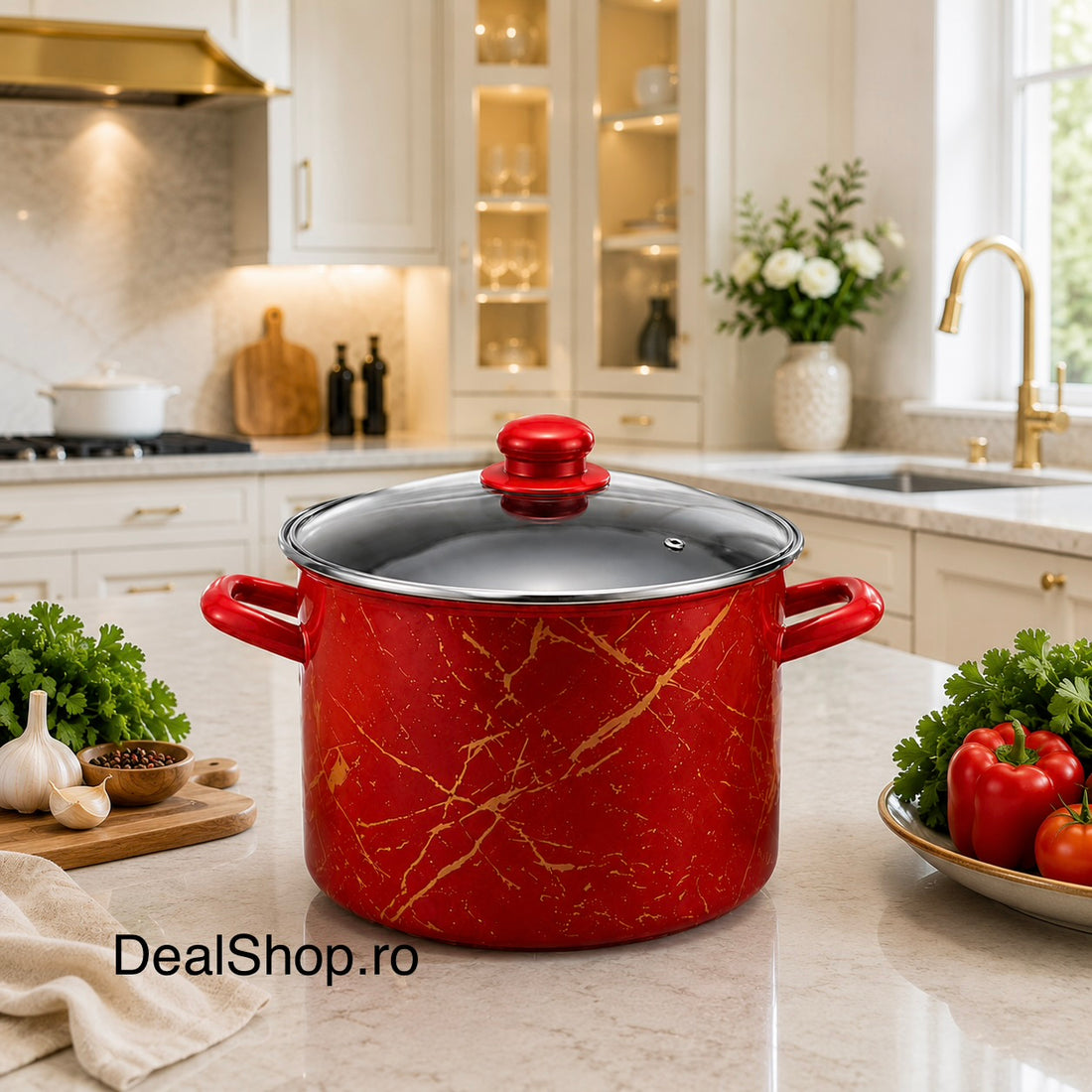 Oală emailată 4,8 L cu capac din sticlă, model Red Marble, 20 cm, roșie, pentru toate tipurile de plite