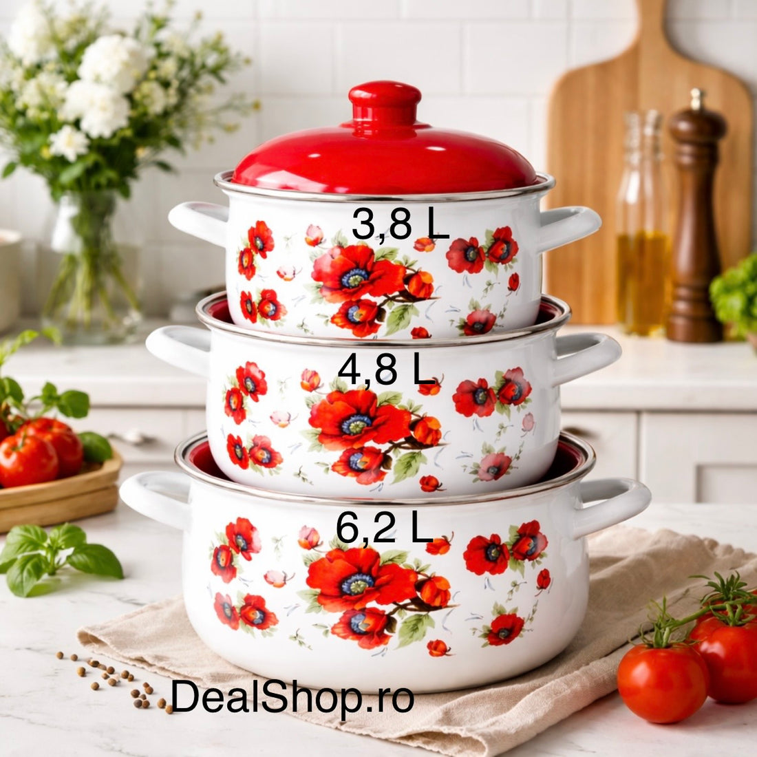 Set 3 Oale Emailate Bucătărie cu Capac – 3,8L / 4,8L / 6,2L – Model Maci Roșii