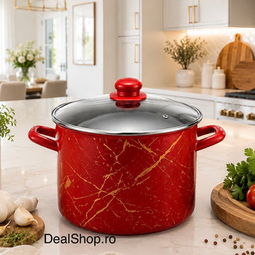 Oală emailată 8,2 L cu capac din sticlă, model Red Marble, 24 cm, roșie, pentru toate tipurile de plite