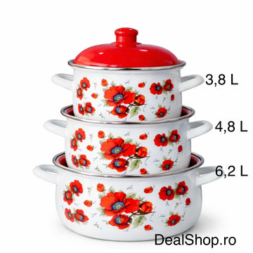 Set 3 Oale Emailate Bucătărie cu Capac – 3,8L / 4,8L / 6,2L – Model Maci Roșii