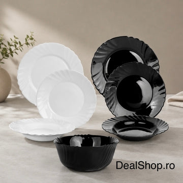 Serviciu de masa termorezistent opal 19 piese farfurii rotunde alb si negru Pukka
