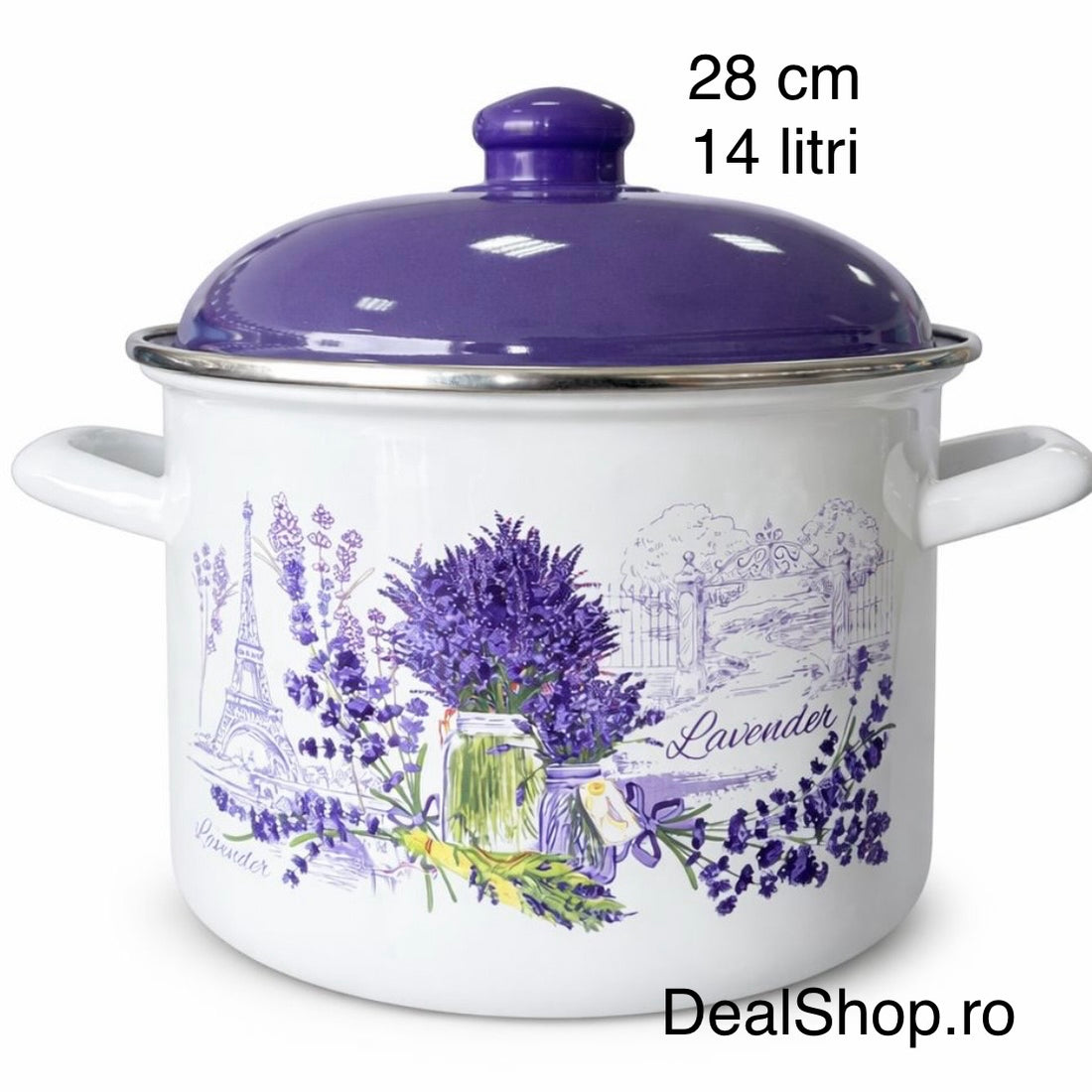 Oală Emailată 28 cm, 14 Litri cu Capac – Model Lavandă Mov – Oală Mare pentru Sarmale, Supă și Gătit în Cantități Mari