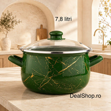Cratiță emailată Green cu capac din sticlă, 7,8 litri, 26 cm