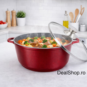 Cratiță 19.6 litri 40 cm cu capac sticlă înveliș marmură  Inducție, Roșie – SWAN Casserole