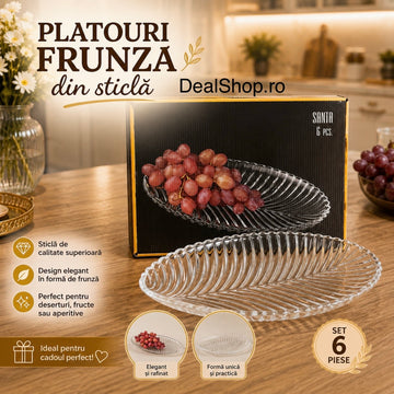 Set 6 platouri sticla model frunza 20 cm eleganta si funcționalitate pentru Mesele Tale