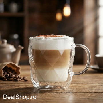 Set 2 căni din sticlă cu pereți dubli termorezistente 330 ml, model hexagonal elegant căni pentru cafea, ceai și cappuccino HR410330