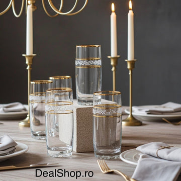 Set 6 pahare vin apa suc sticla Lav Adora Gold long drink 390 ml evenimente