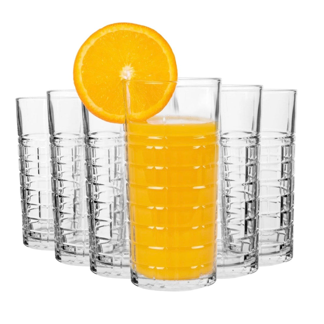 Set 6 pahare sticlă long drink 356 ml Brit440, design relief geometric, pahare înalte cocktail, suc, apă