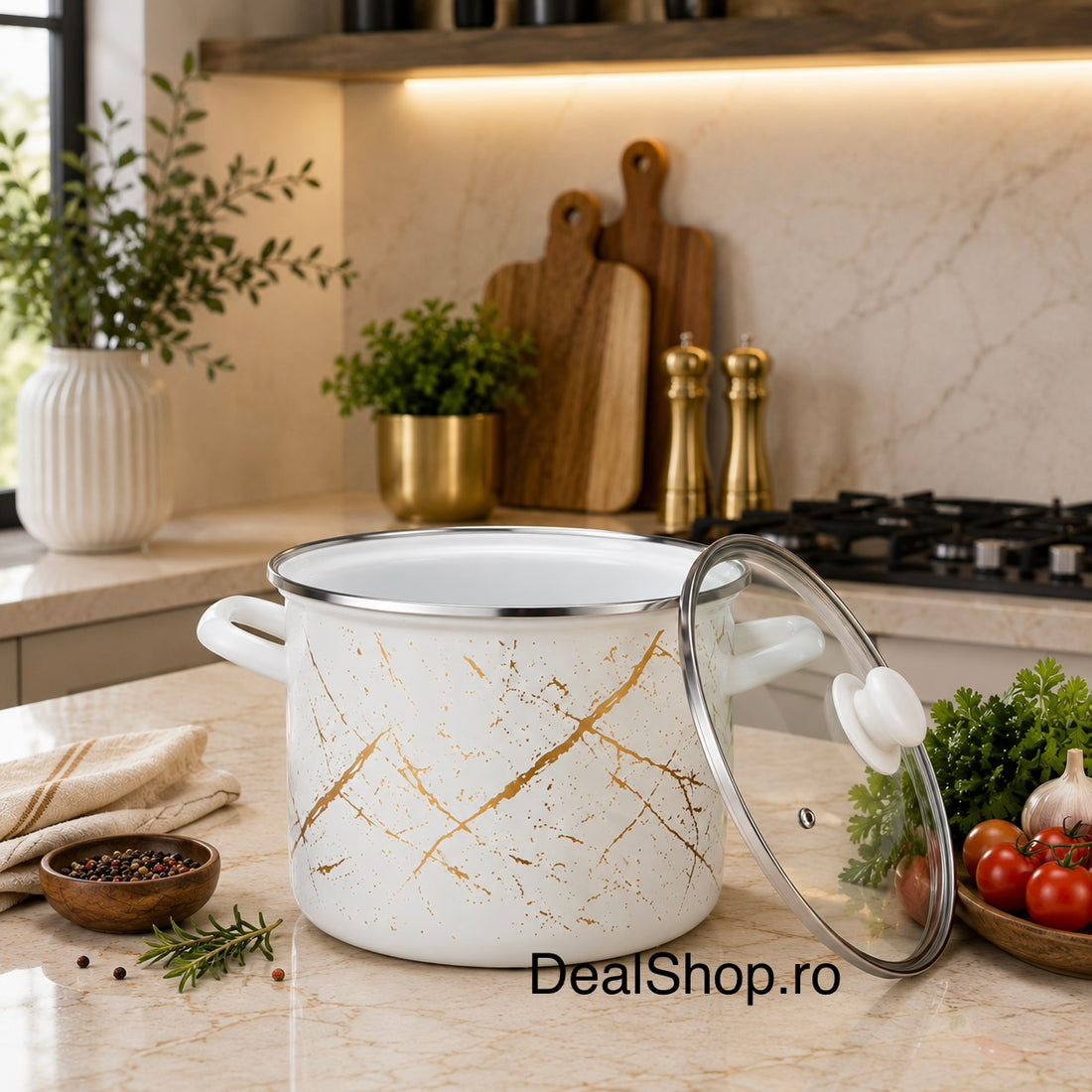 Oală emailată Ivory 6,3 L cu capac din sticlă, 22 cm, alb cu model auriu, compatibilă cu toate sursele de căldură