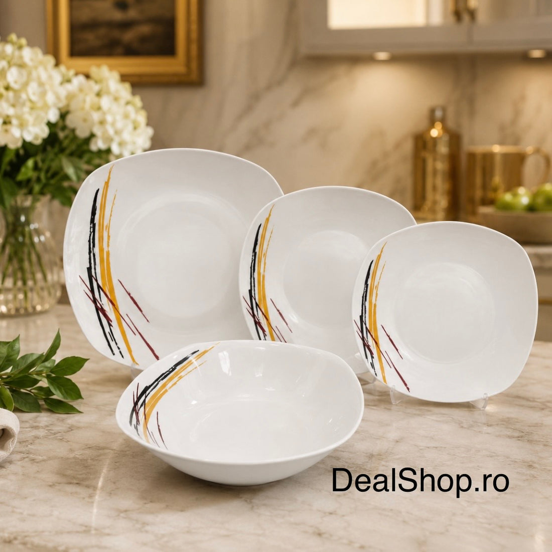 Serviciu de Masă din Porțelan 31 Piese pentru 6 Persoane cu Cești Cafea, Model Abstract Elegance TL 173-6