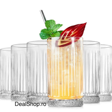 Set 4 pahare Elysia Long Drink 280 ml din sticlă – pahare elegante pentru cocktail, sucuri și băuturi răcoritoare