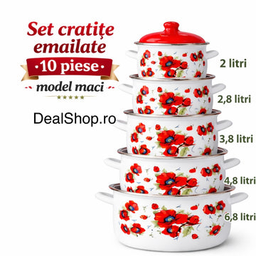 Set 5 oale emailate cu capac Arian, cantitate 2 l, 2,8 l, 3,8 l, 4,8 l, 6,2 l, model Maci