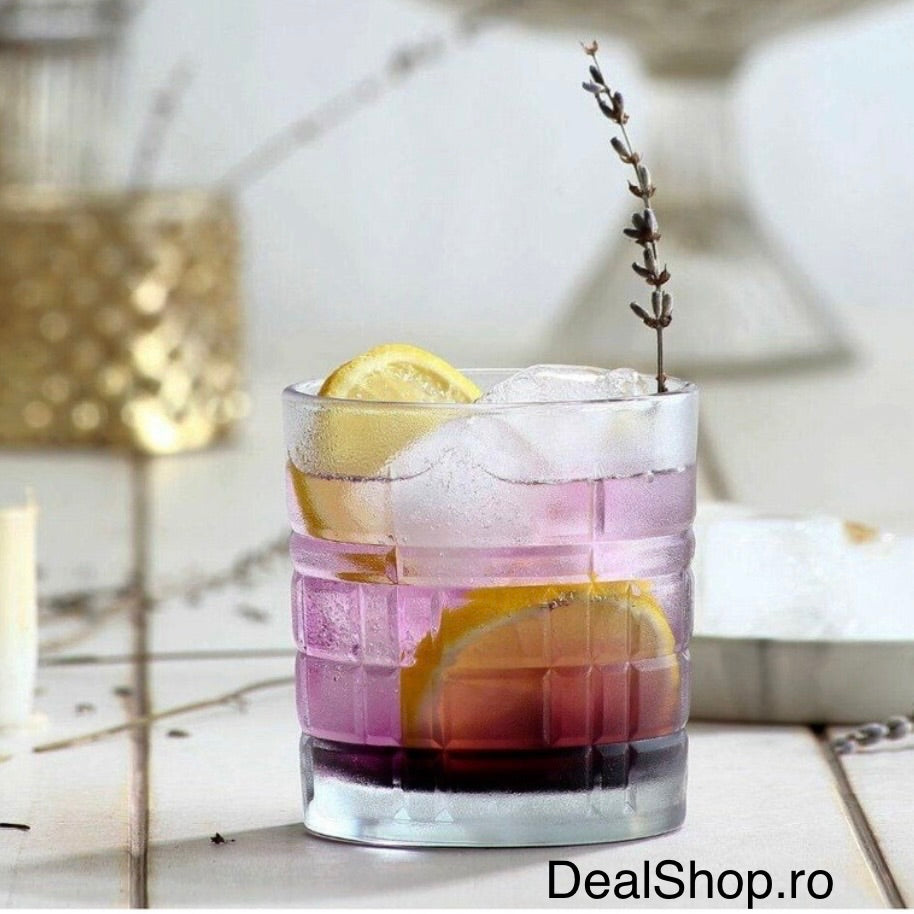 Set 6 pahare whisky sticlă 325 ml Brit 430, design cu relief geometric , pahare băuturi elegante, rezistente