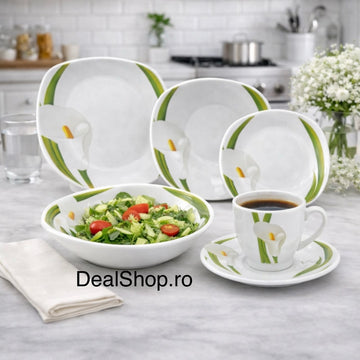 Serviciu de masă din porțelan 31 piese pentru 6 persoane, set farfurii și cești cafea 180 ml, model Cală