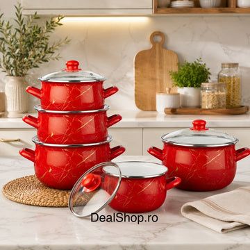 Set 5 cratițe emailate Red Marble cu capace din sticlă, 10 piese, compatibile cu inducție, 2.1L, 2.8L, 3.8L, 4.8L și 6.2L
