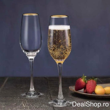 Set 6 pahare șampanie 200 ml Amber Gold, sticlă cu margine aurie, pahare elegante pentru prosecco și cocktailuri