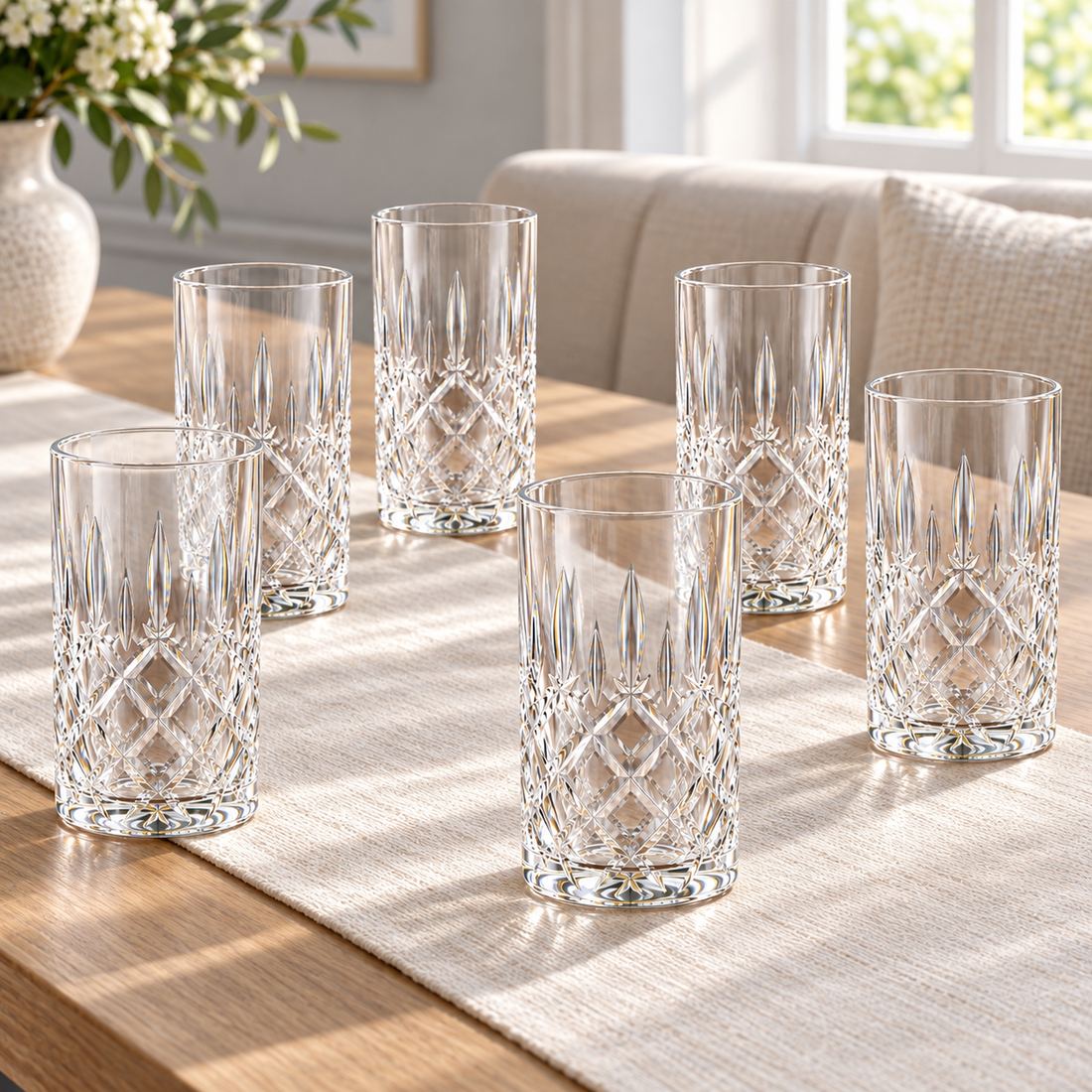 Set 6 pahare înalte Morano din sticlă, 300 ml, cu model decorativ elegant