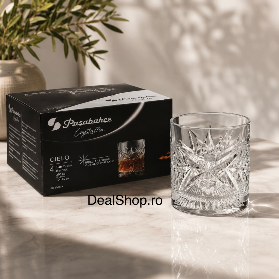Set 4 pahare whisky din sticlă Pasabahce Cielo 350 ml – Pahare Crystalin pentru whisky, bourbon și cocktailuri 68484