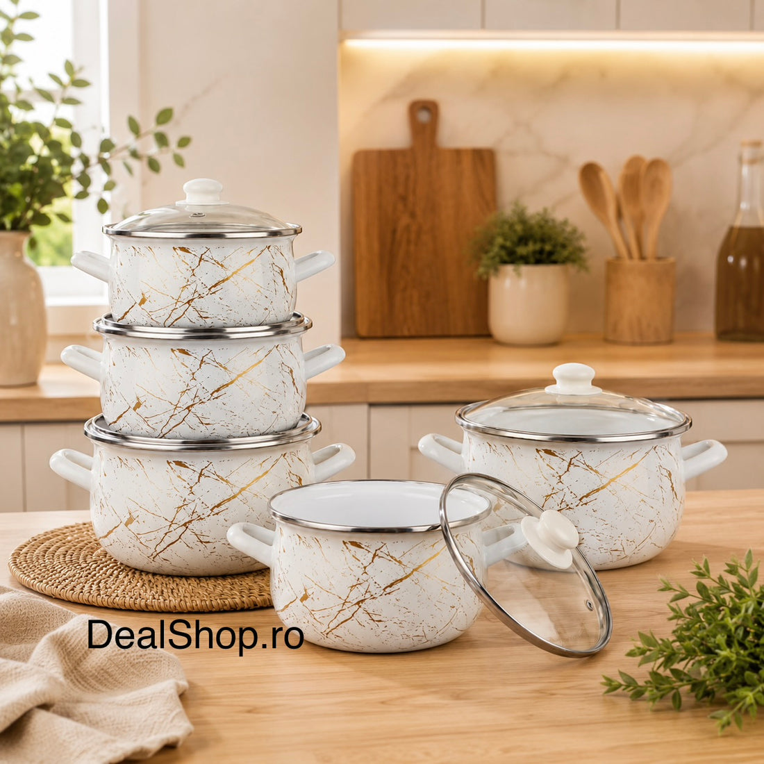 Set 5 oale emailate Ivory cu capace din sticlă, 10 piese, compatibil inducție, 2.1 L, 2.8 L, 3.8 L, 4.8 L și 6.2 L