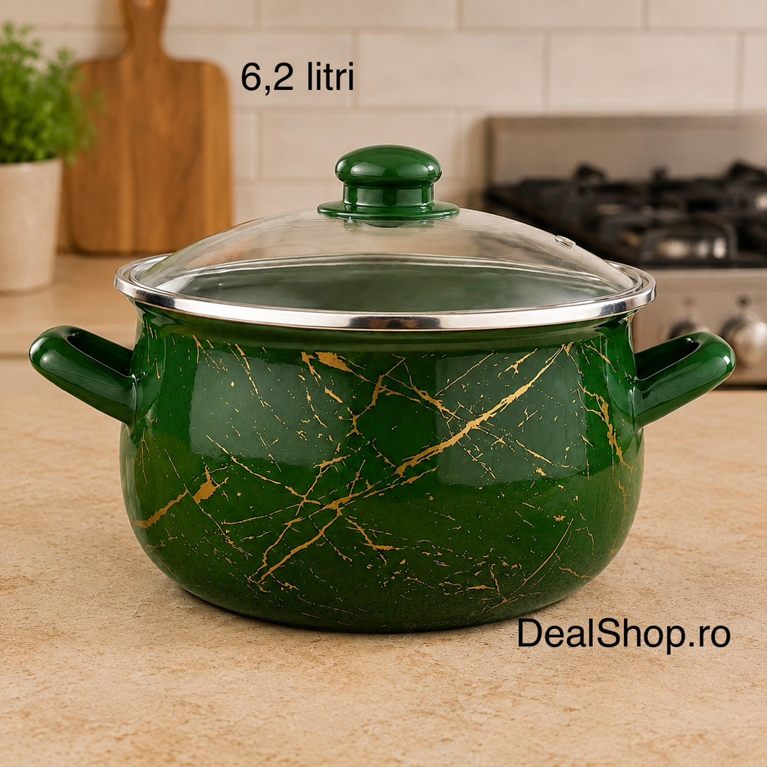 Cratiță emailată Green cu capac din sticlă, 6,2 litri, 24 cm